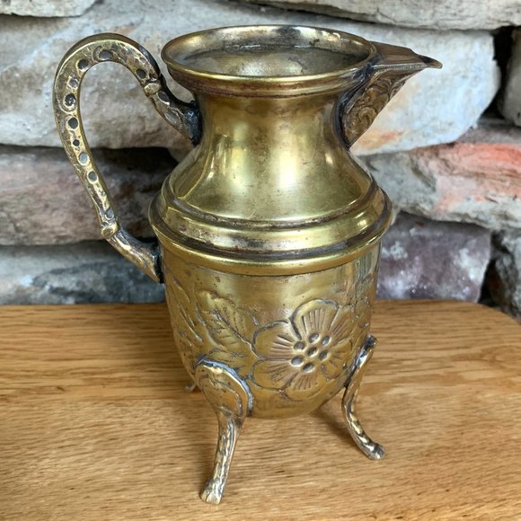 Vintage Other - VTG Brass Etched Pitcher Pedestal Legs Floral Boho Decor India